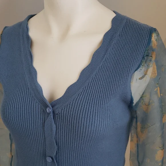 SIONI blu knit with Sheer floral Long Sleeves Sweater Top Cornflower blue Size S - Picture 4 of 16